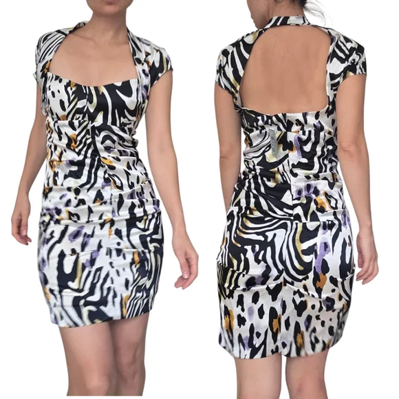 Cache Animal Leopard Zebra print ruched Silk Bodycon Cap sleeve Mini dress In 12 - Picture 2 of 13